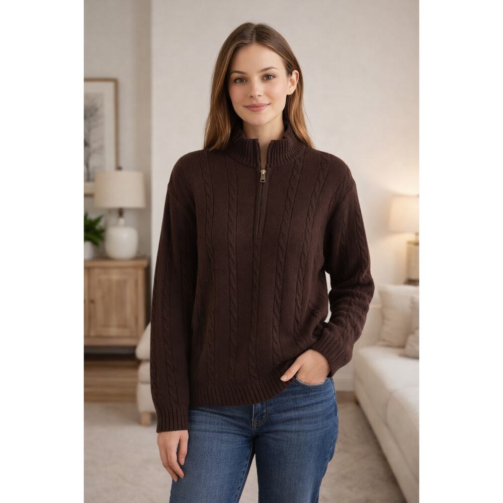 NWT Alexis Reed Braided Rib Knit Quarter Zip Sweater Chocolate Brown Deadstock S